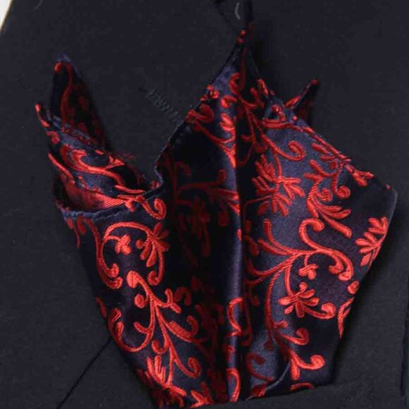 Gascogine Pocket Square Red Navy Blue Flourish Pattern Men's - Picture 3 of 3